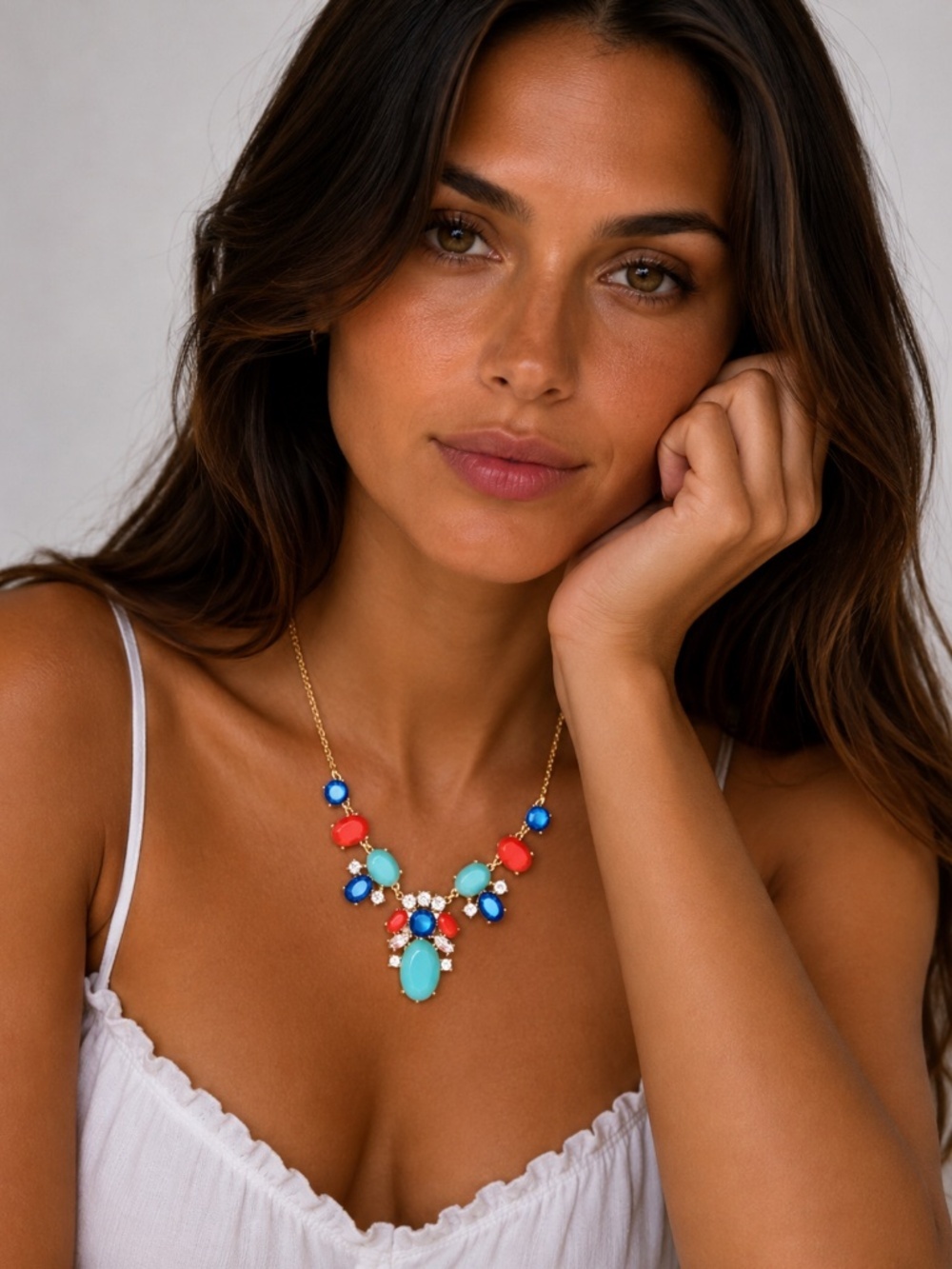 NWT - Goldtone Vintage Crystal Coral And Turquoise Necklace